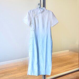 Blue White Gradient Flora Qipao Long Dress - Chinese Cheongsam